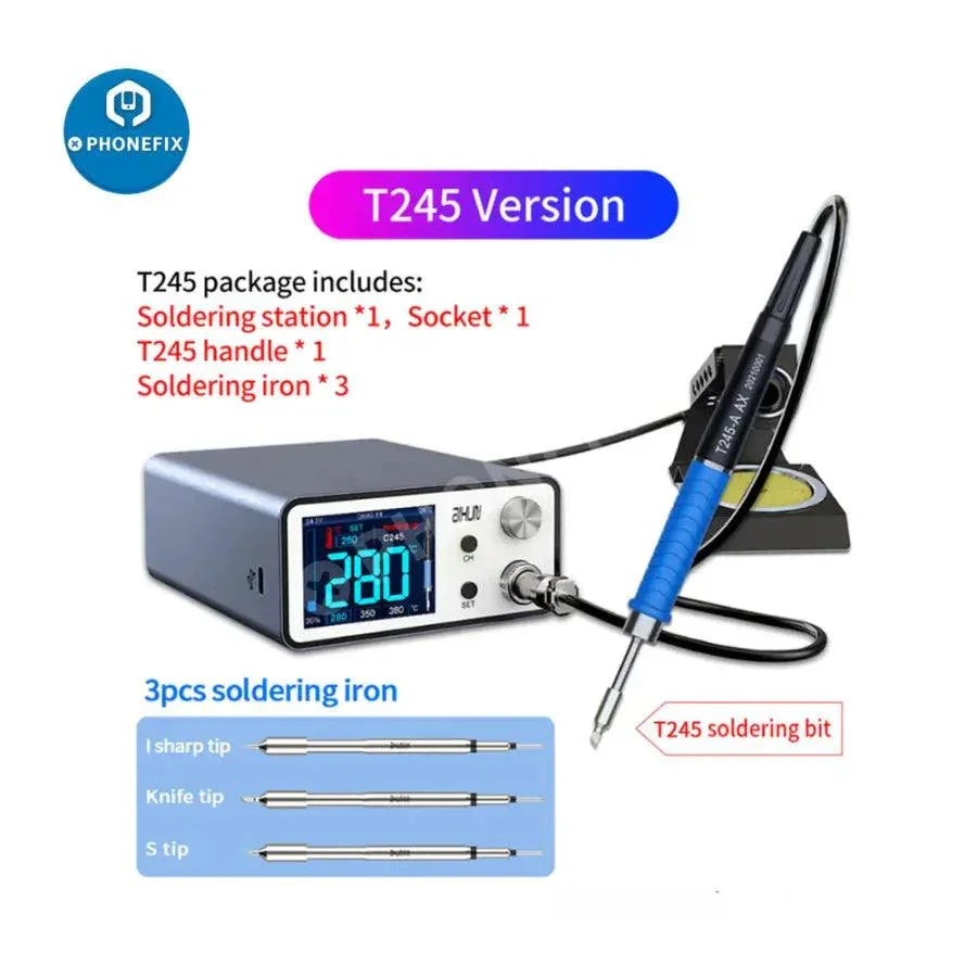 AIXUN T3A BGA soldering station with T245 handle and iron tips, used for electronics repair and soldering tasks.