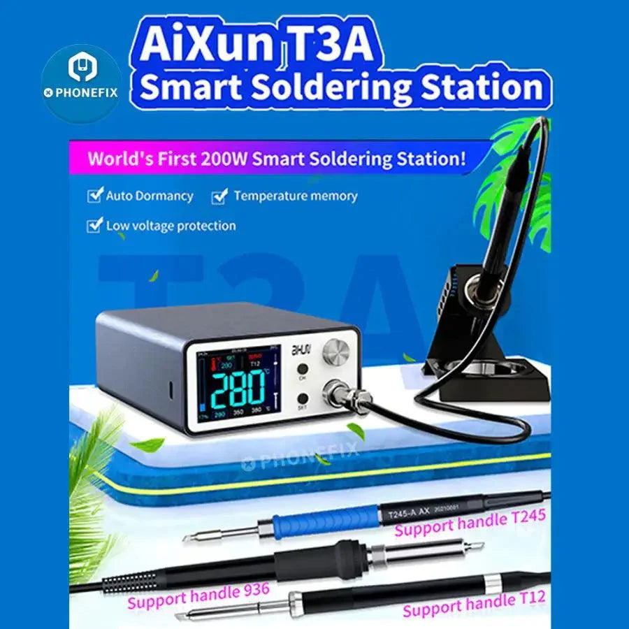 AiXun T3A 200W smart BGA soldering station with T245 T12 handles, used for precise electronics soldering and rework.