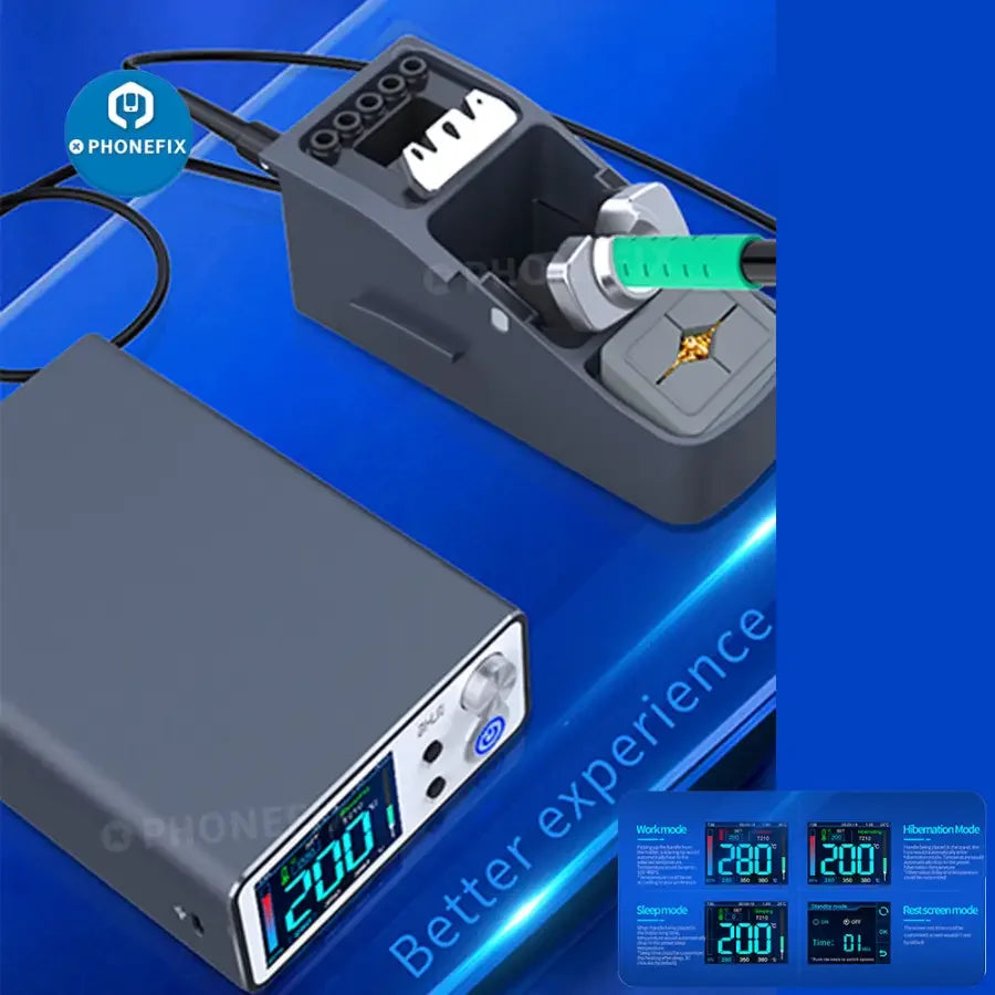 Aixun T3B intelligent BGA soldering station with T210/115 handle and welding tips, used for precise electronic circuit repairs.
