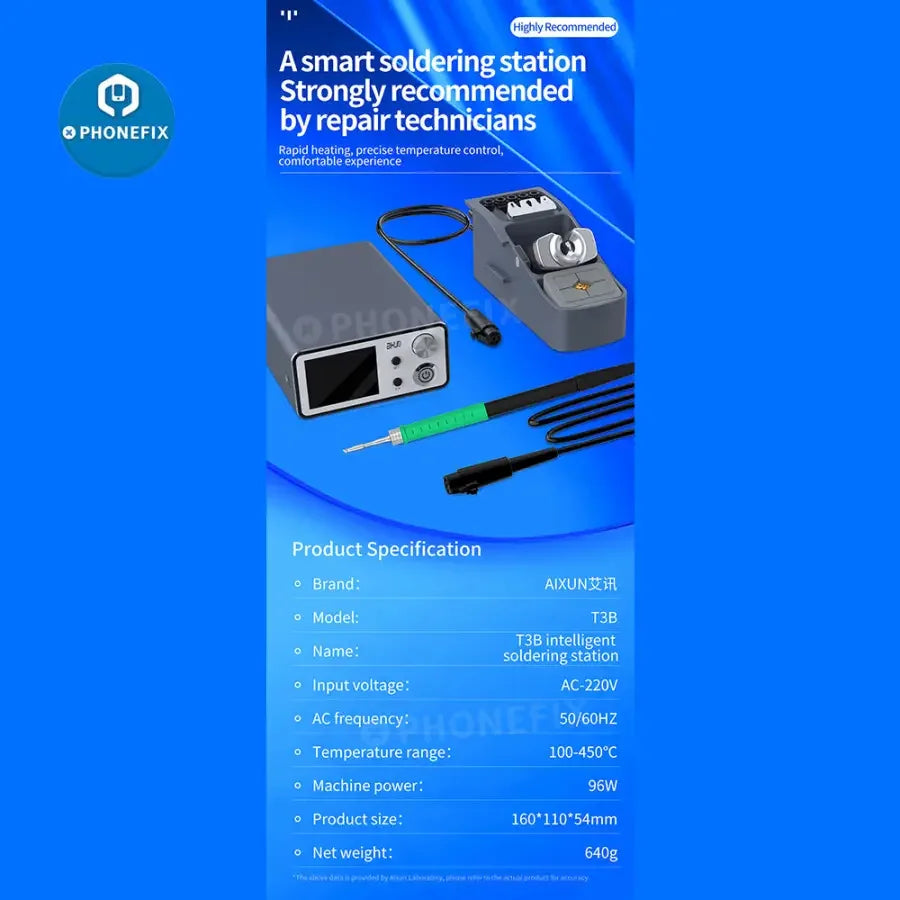 Aixun T3B intelligent BGA soldering station with T210/115 handle and welding tips, used for precise electronic component soldering.