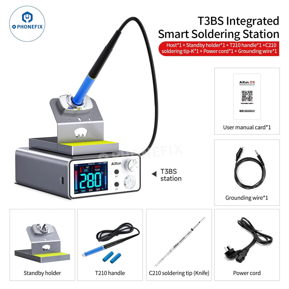 Aixun T3B BGA soldering station by PHONEFIX with T210/115 handle and welding tips, shown with the T3BS model.
