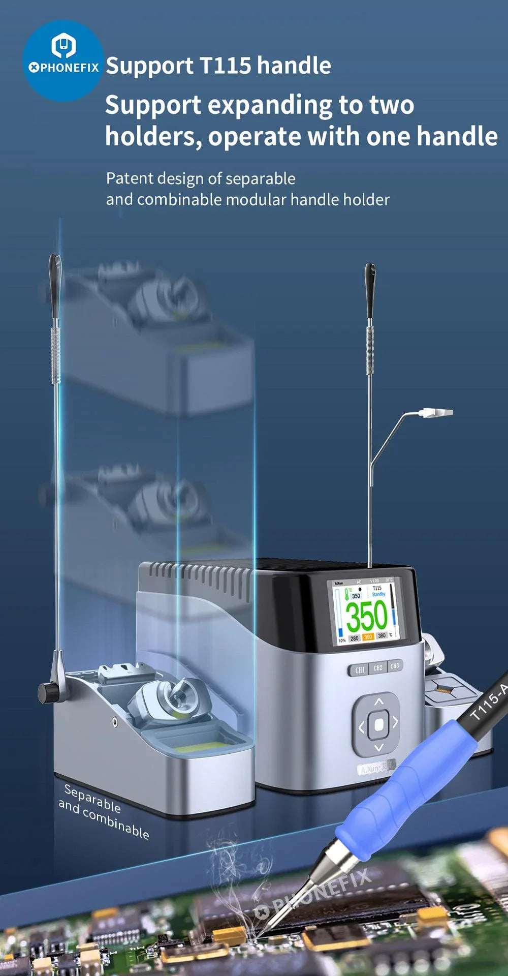 Phonefix Aixun T410 T435 T405 dual-channel BGA soldering station with handle and knife tip, 110V, for precise BGA rework.
