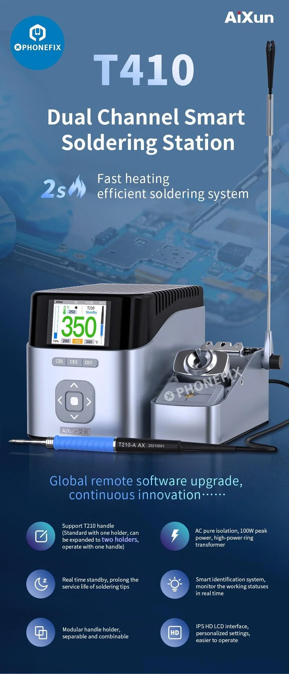 Aixun T410 T435 T405 dual channel BGA soldering station with handle and knife tip, designed for precise BGA rework and soldering.