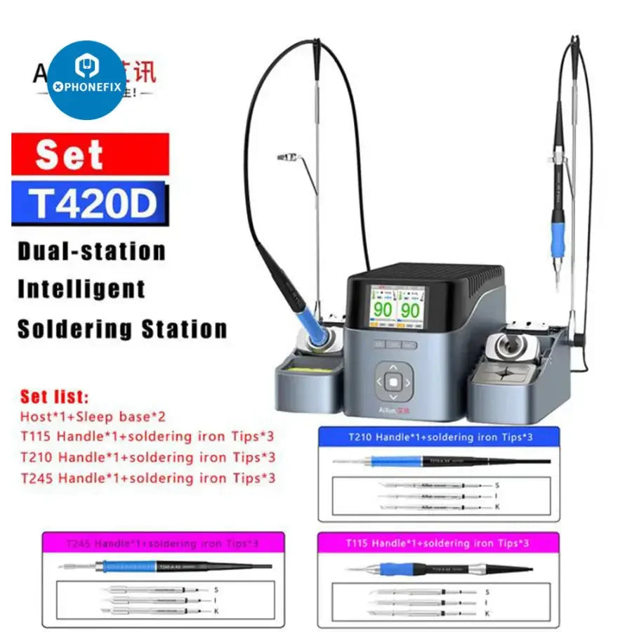 AIXUN T420D dual channel BGA soldering station with T245, T210, T115 handles, used for precise electronic component repair.