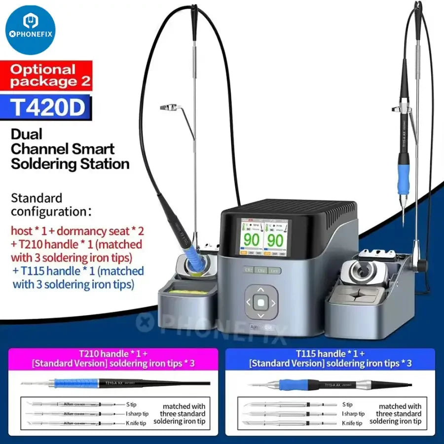 AIXUN T420D dual channel BGA soldering station with T245, T210, and T115 handles, designed for precise electronics repair.