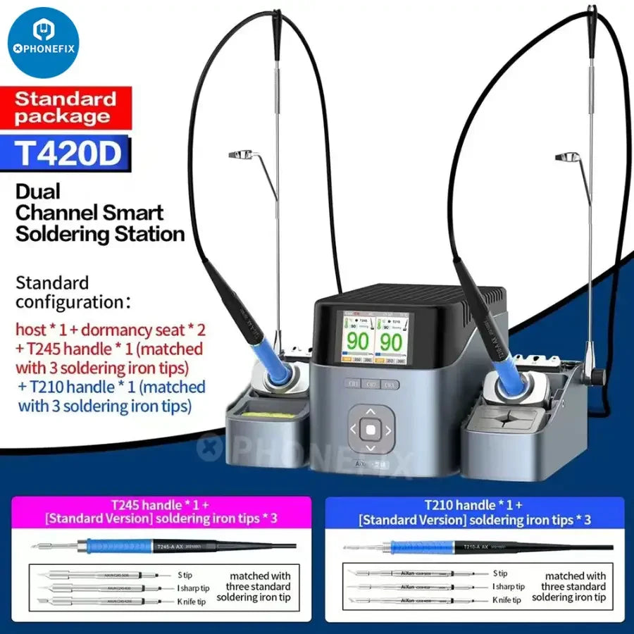 AIXUN T420D dual-channel BGA soldering station with T245, T210, and T115 handles, ideal for professional electronics repair.