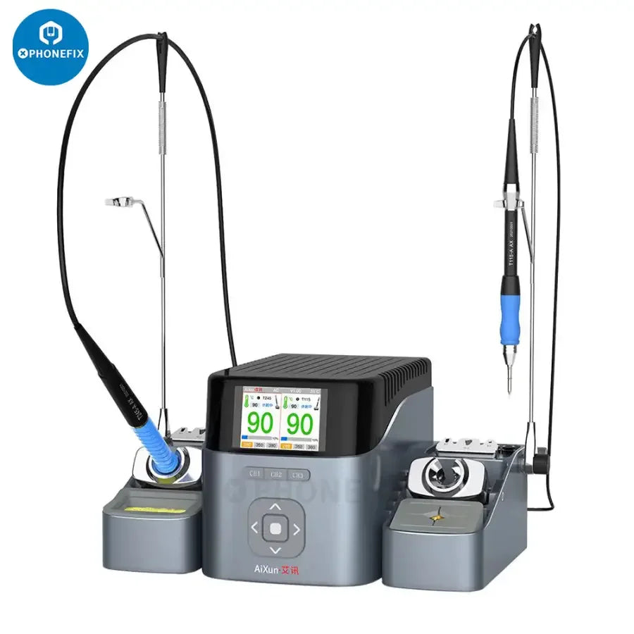 AIXUN T420D dual-channel BGA soldering station with T245, T210, T115 handles, used for precise electronics soldering.