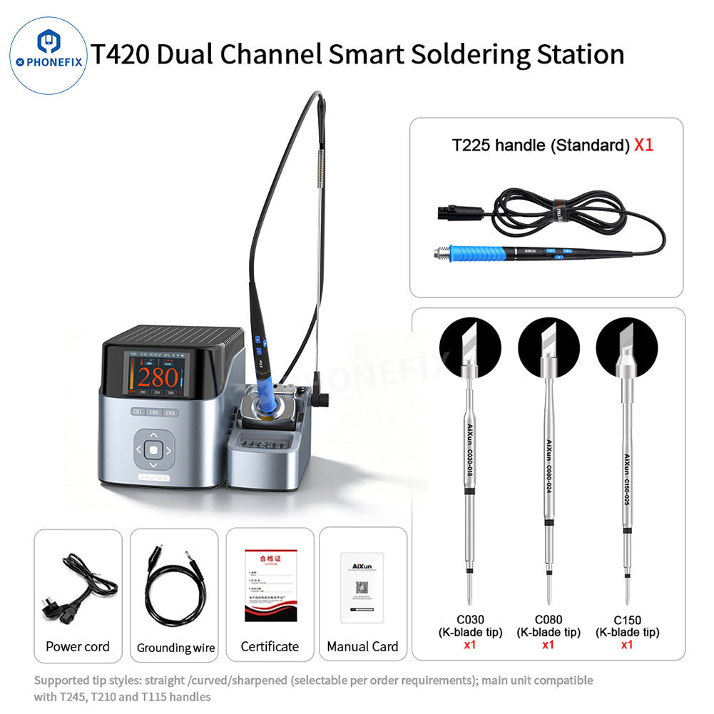 AIXUN T420D dual channel BGA soldering station with T245, T210, T115 handles for precise electronic repair.