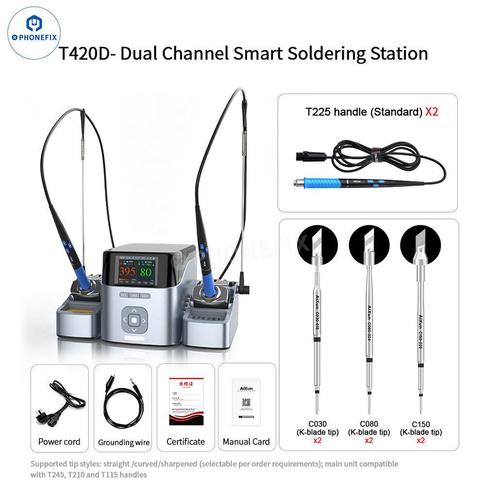 AIXUN T420D dual channel BGA soldering station with T245 T210 T115 handles, featuring digital controls and sturdy design.