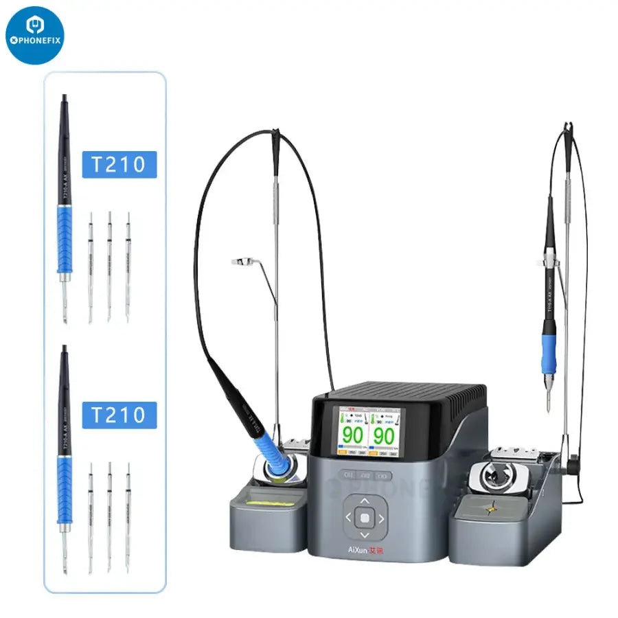 AIXUN T420D dual channel BGA soldering station with T245, T210, T115 handles, set up for precise electronic repair.
