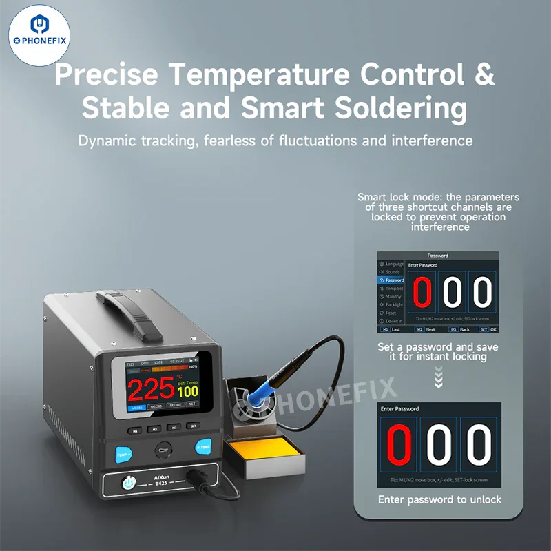 AIXUN T425 250W BGA soldering station for mobile repair by PHONEFIX, featuring digital controls and ergonomic design.