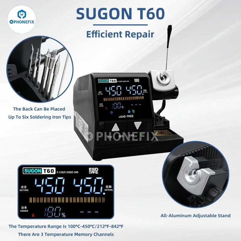 Sugon T60 BGA soldering station with TJ8 extender and T210, T245, T115 handles, designed for precise electronic repair.