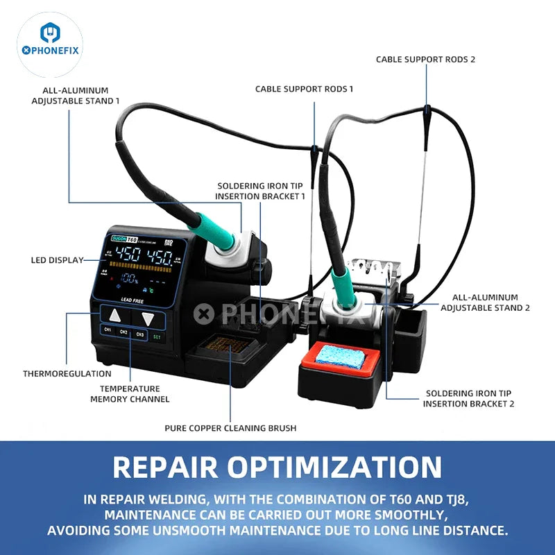Sugon T60 BGA soldering station by PHONEFIX with TJ8 extender, T210, T245, and T115 handles for precise soldering tasks.