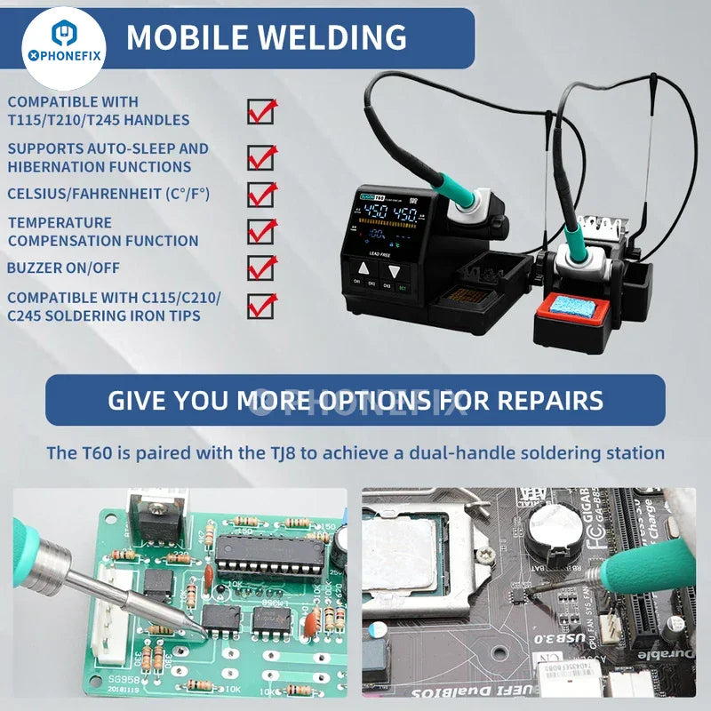Sugon T60 BGA soldering station by PHONEFIX with TJ8 extender and T210, T245, T115 handles for precise circuit board work.