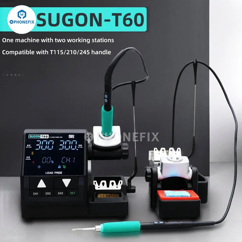 Sugon T60 BGA soldering station with TJ8 extender and PHONEFIX T210, T245, T115 handles for precise soldering work.