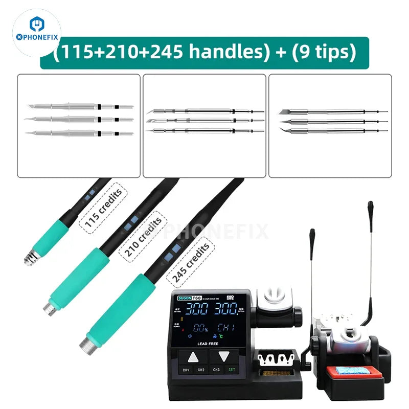 Sugon T60 BGA soldering station by PHONEFIX with TJ8 extender and T210, T245, T115 handles for precise electronic repairs.