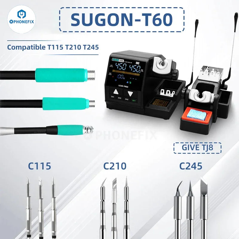 Sugon T60 BGA soldering station by PHONEFIX with TJ8 extender, T210, T245, and T115 handles for precise electronic repairs.