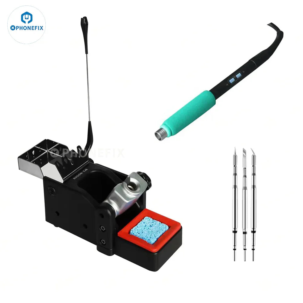 Sugon T60 BGA soldering station by PHONEFIX with TJ8 extender and T210 T245 T115 handles, shown with soldering tools and station interface.