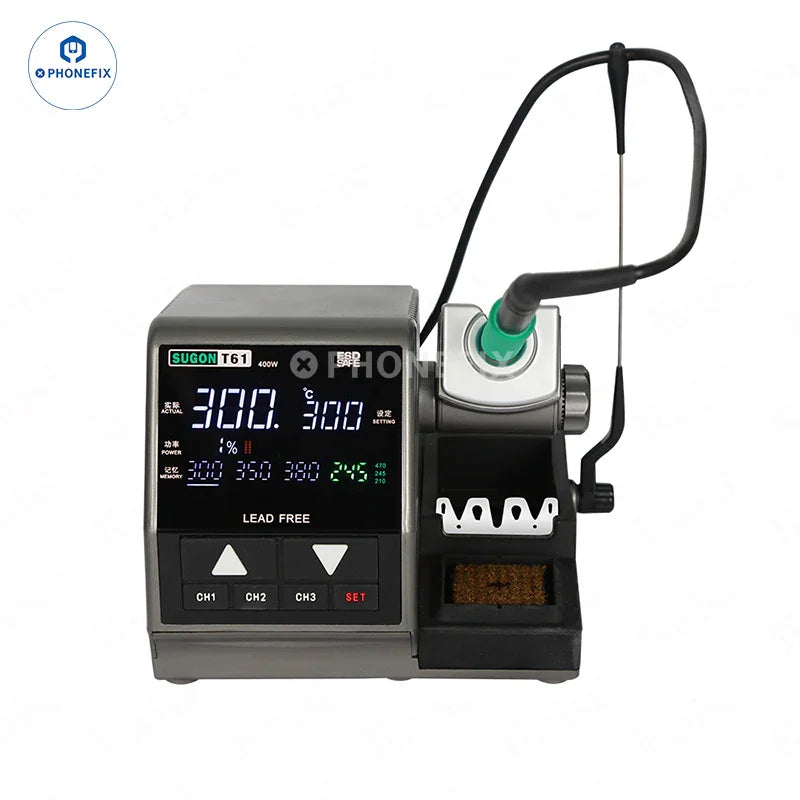 Sugon T61 400W BGA soldering station by PHONEFIX with T210 T470 handle and C470 tips for precise soldering tasks.