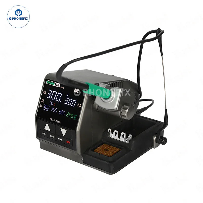 Sugon T61 400W BGA soldering station by PHONEFIX with T210 T470 handle and C470 tips for precise circuit board work.