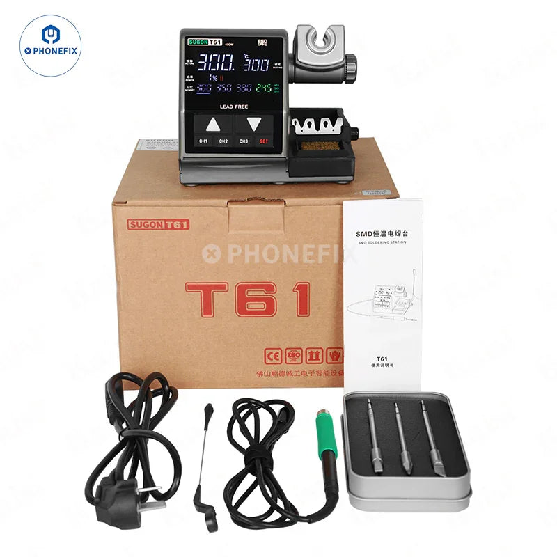 Sugon T61 400W BGA soldering station with T210 T470 handle and C470 tips, used for precision electronic soldering.