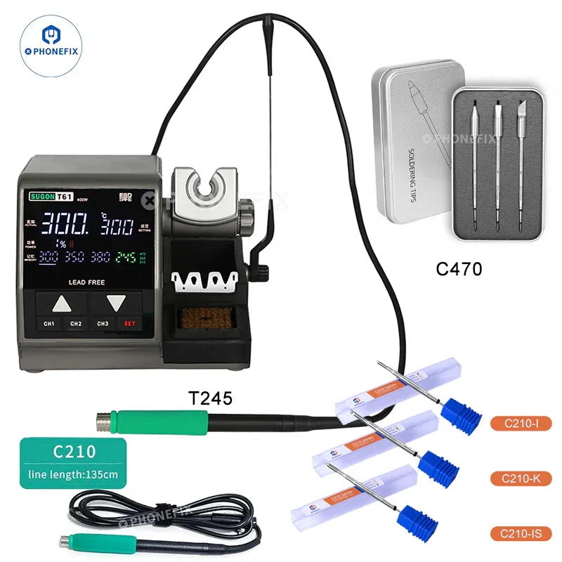 Sugon T61 400W BGA soldering station with T210 T470 handle and C470 tips, designed for precise electronic soldering.