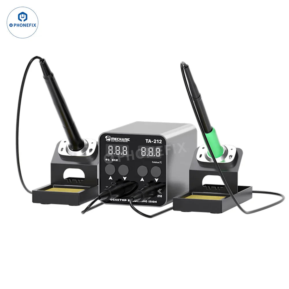 PhoneFix MECHANIC TA-212 BGA Dual Soldering Station with T12 T210 handles, compact soldering station for electronics repair.