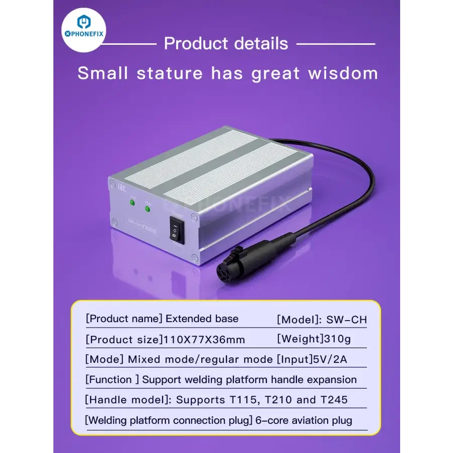 I2C SW-CH intelligent welding table expansion base for JBC T115 T210 T245 BGA soldering station, PhoneFix brand, with detailed controls.