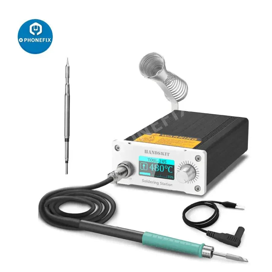 Station de soudage BGA à chauffage rapide avec fers à souder JBC T245 de PHONEFIX, dotée d'une conception ergonomique et d'un contrôle numérique de la température.