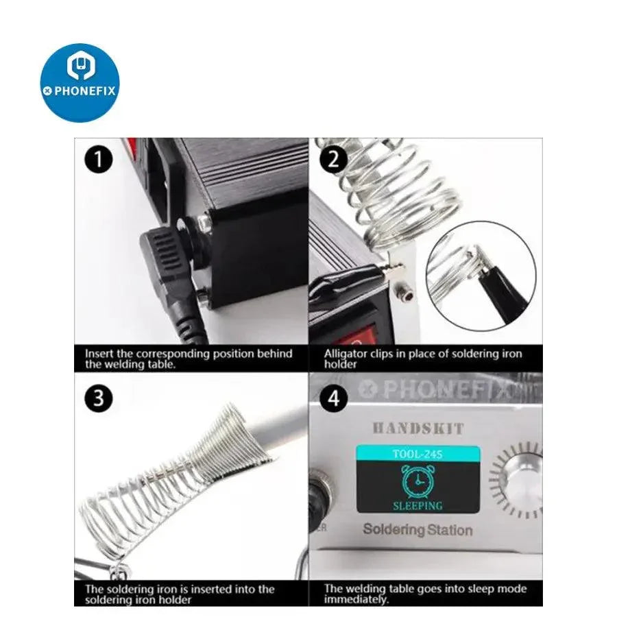 Station de soudage BGA à chauffage rapide HandsKit avec pointes de fer JBC T245, idéale pour les tâches de soudure précises de réparation de téléphones.