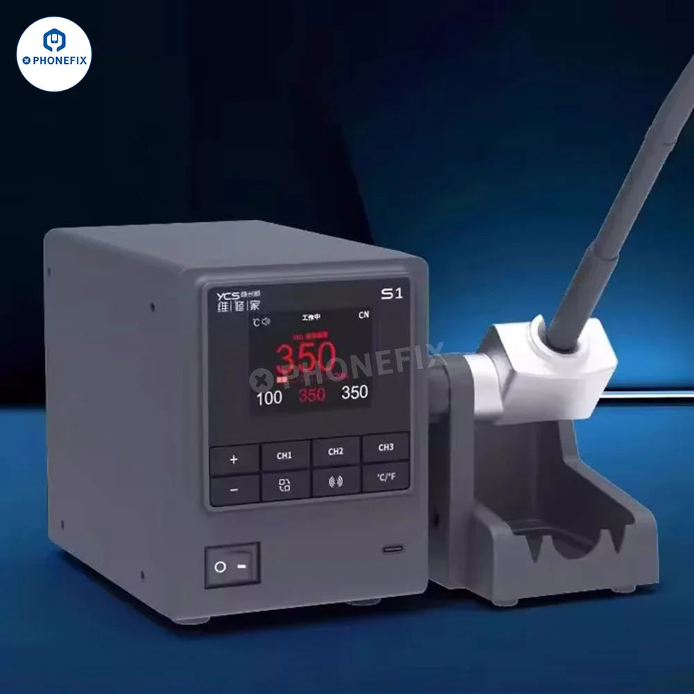 YCS S1-160W BGA soldering station with T210, T115, T245 handles, compatible with PHONEFIX soldering tools, close-up view.