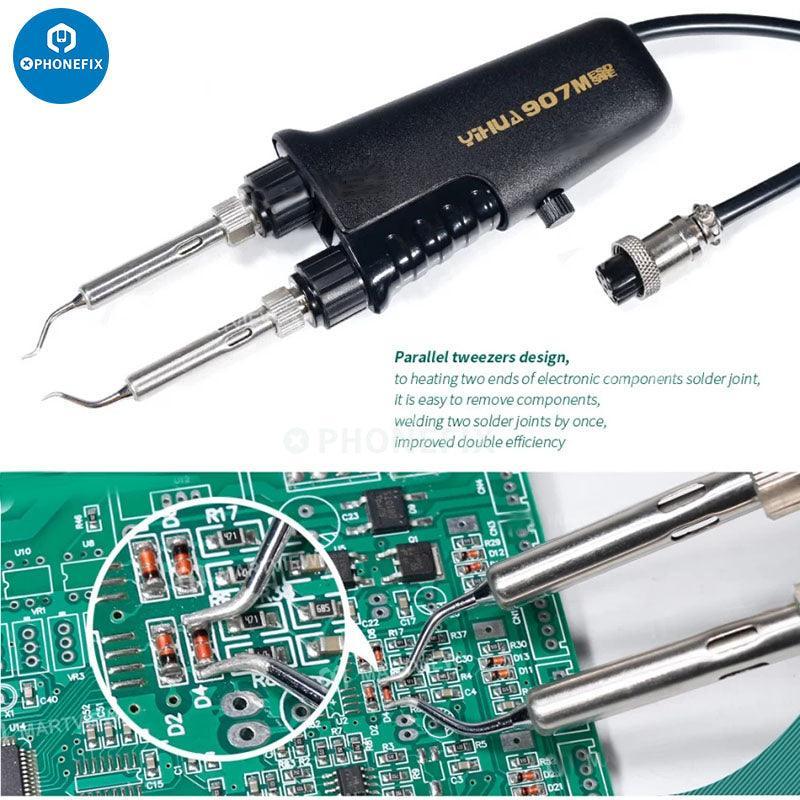 YIHUA-938D Mini Portable Tweezers Soldering Station for BGA reworking by PHONEFIX, compact tool with soldering tips and control panel.