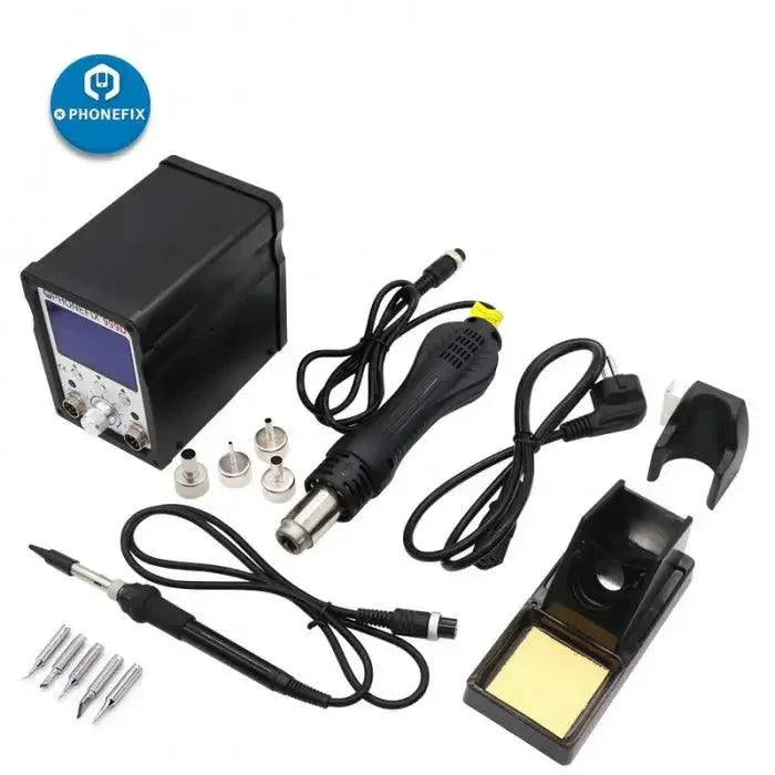 Phonefix 999D 2-in-1 LED digital hot air gun soldering rework station with adjustable temperature and airflow settings.