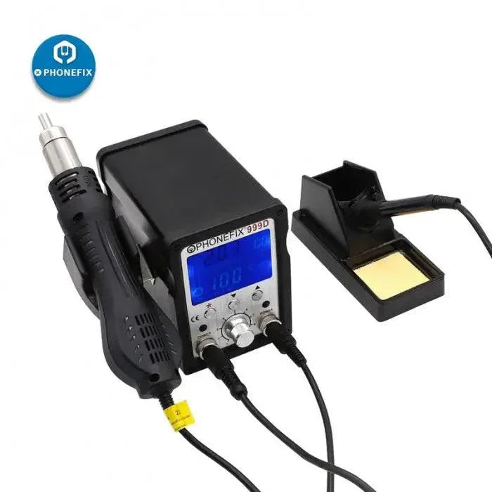 Phonefix 999D 2-in-1 LED digital hot air gun soldering rework station for electronic repairs, featuring sleek design and digital controls.