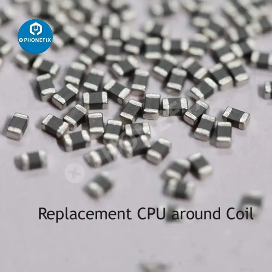 Set of 10 PhoneFix universal inductors for iPhone motherboard CPU coils, electronic components for repair and replacement.