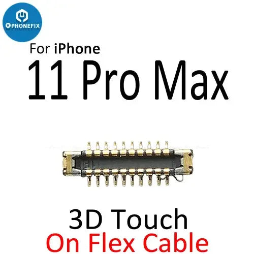 Écran LCD pour iPhone 11 Pro Max avec port de connecteur FPC 3D Touch par PHONEFIX, montrant les détails des composants et du connecteur.