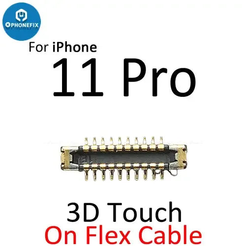 Écran LCD iPhone 11 Pro Max avec port de connecteur FPC 3D Touch pour composant PHONEFIX, montrant la zone du connecteur sur l'écran.