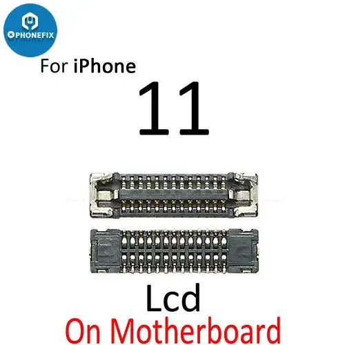 Écran LCD de l'iPhone 11 Pro Max avec port de connecteur FPC 3D Touch par PHONEFIX, montrant un gros plan des composants du connecteur.
