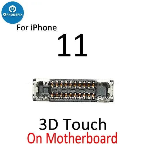 Écran LCD de l'iPhone 11 Pro Max avec port de connecteur FPC 3D Touch de PHONEFIX, montrant un gros plan détaillé des composants.