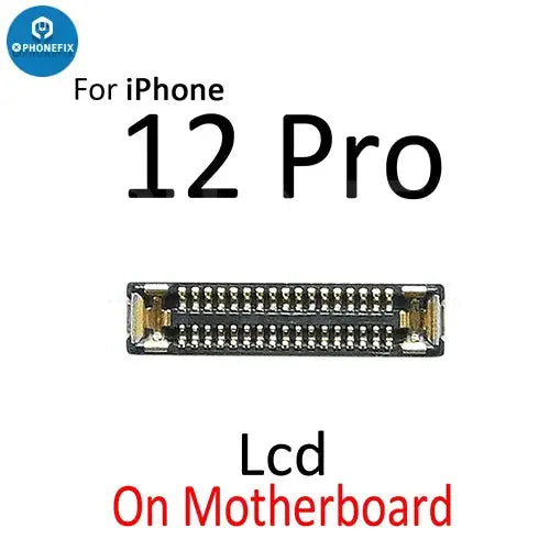 Close-up of iPhone 12 Pro Max Mini LCD touch display FPC connector port showing detailed connector pins and component layout.