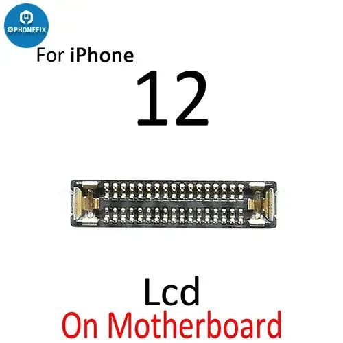 iPhone 12 Pro Max Mini LCD touch display FPC connector port by PHONEFIX, close-up of the electronic component on a white background.