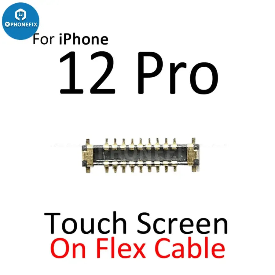 Close-up of iPhone 12 Pro Max Mini LCD touch display FPC connector port, showing detailed connector component for repair.