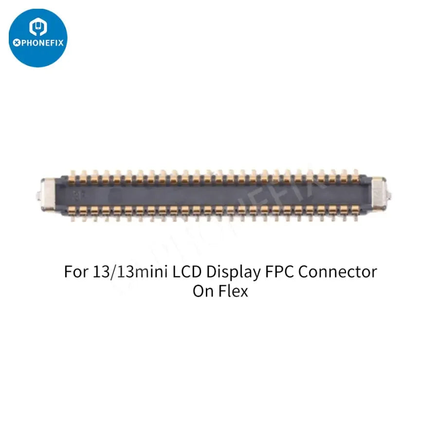 PhoneFix iPhone 13 Pro Max Mini LCD display touch FPC connector port component on circuit board.