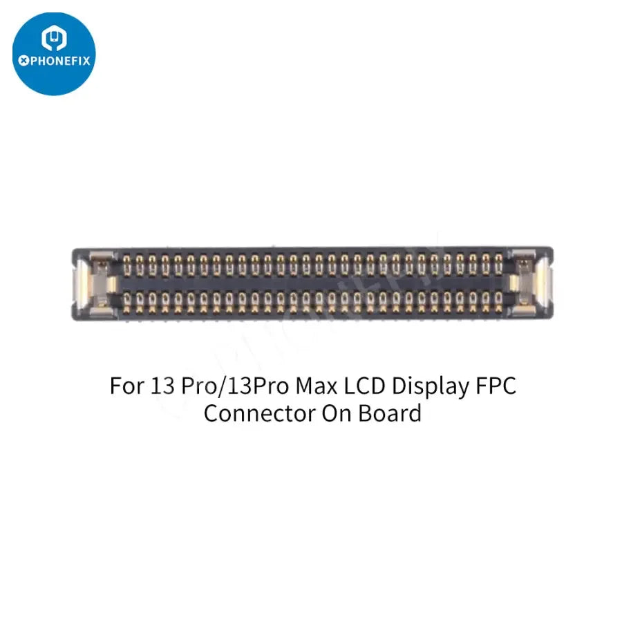 iPhone 13 Pro Max Mini LCD display and touch FPC connector port component by PHONEFIX, shown on circuit board.