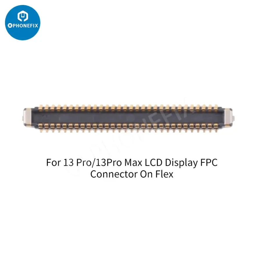 iPhone 13 Pro Max Mini LCD display with touch FPC connector port from PHONEFIX, showing the component on the circuit board.