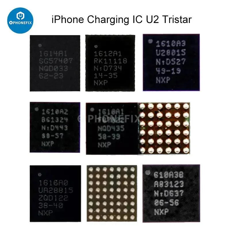 iPhone USB Charge IC U2 Tristar 1610A3 and 610A3B component from PHONEFIX, showing the small electronic chip for charging repair.