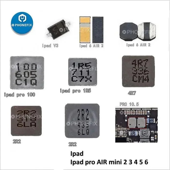 Boost diode inductance coil backlight IC component for iPad 5, 6, Mini 4, Pro, Air 2 from PHONEFIX, shown on a white background.