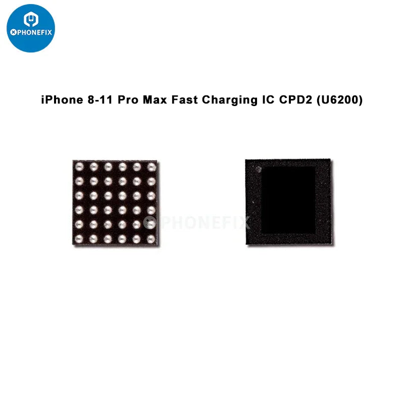 Close-up of PHONEFIX USB charging IC chip for iPhone wireless fast chargers, showing integrated circuit components.
