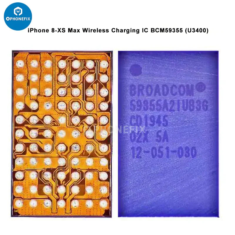 Wireless fast charger chip for iPhone USB charging IC from PHONEFIX, electronic component with BCM59355 model visible.