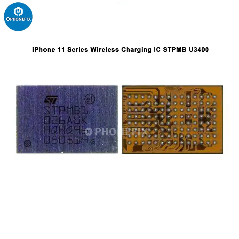 Wireless fast charger IC component for iPhone USB charging, PHONEFIX brand, STPMB1 chip for wireless charging devices.